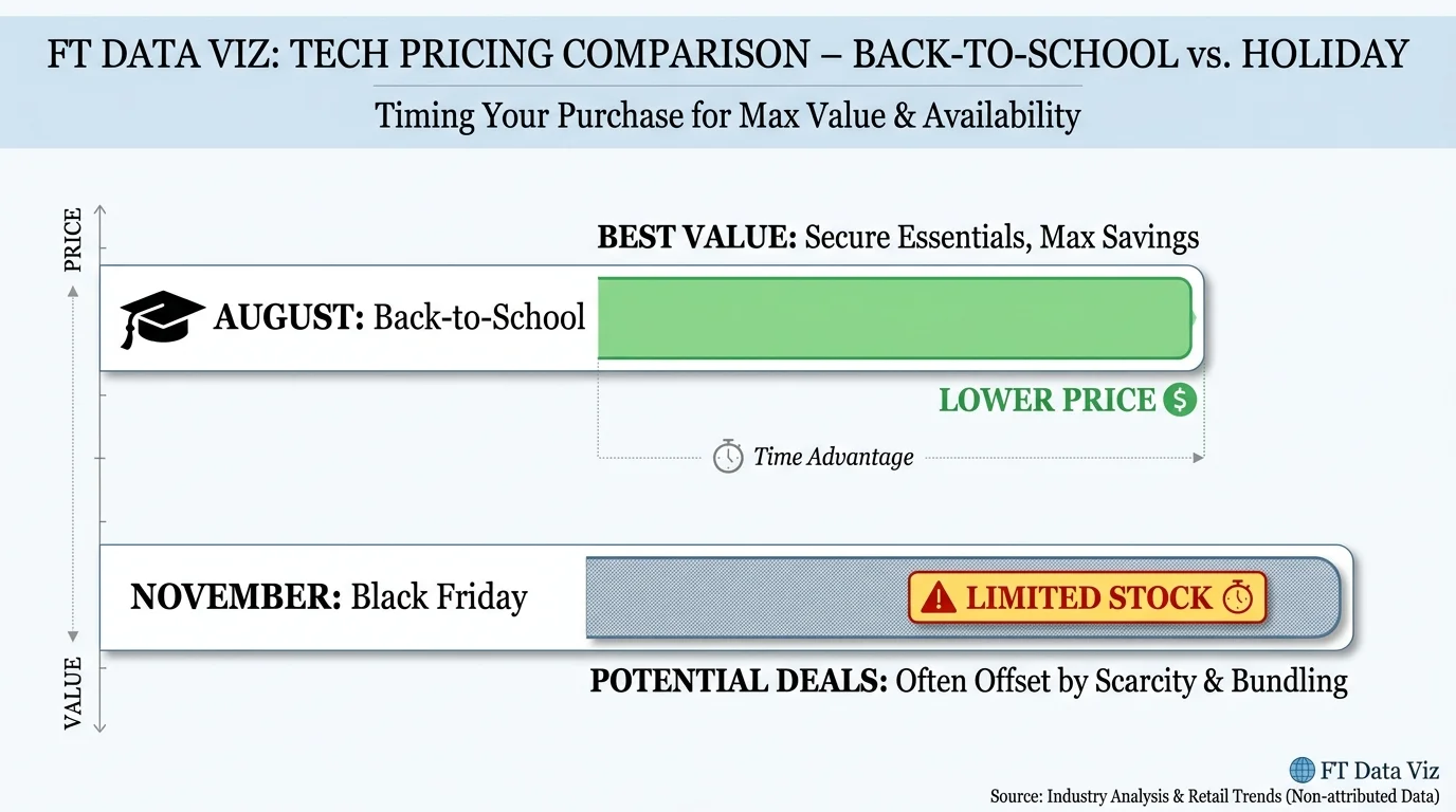 A bar chart comparing laptop prices, showing August as the most cost-effective month for student technology.