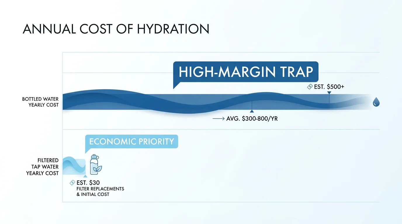 A bar chart comparing the high annual cost of bottled water to the negligible cost of filtered tap water.
