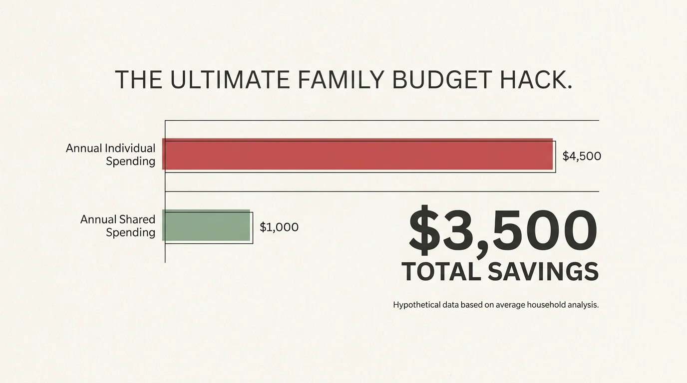 A bar chart showing a dramatic decrease in annual spending when switching from individual to shared purchasing.