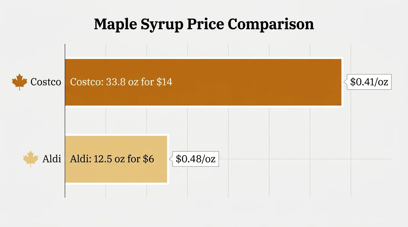 A bar chart showing Costco maple syrup at $0.41 per ounce and Aldi maple syrup at $0.48 per ounce.