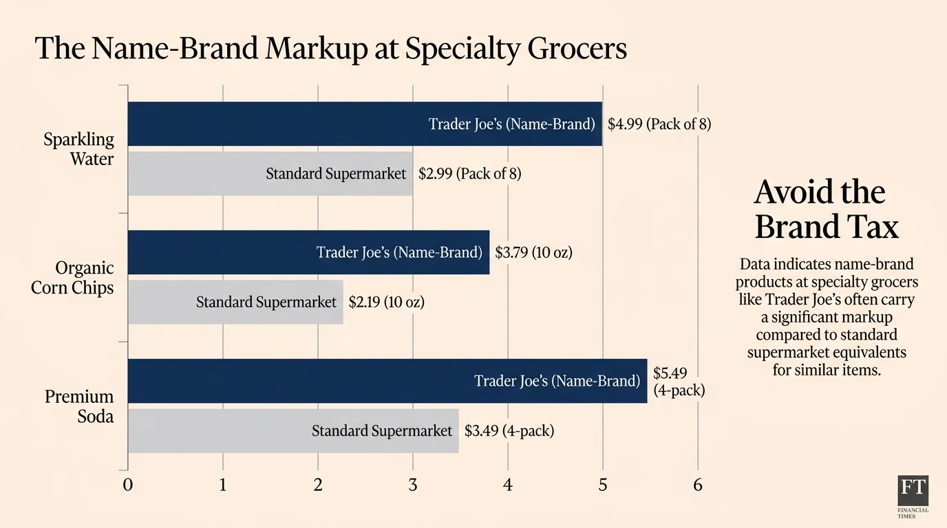 A bar chart showing that name-brand snacks and drinks are priced higher at specialty grocers compared to standard supermarkets.