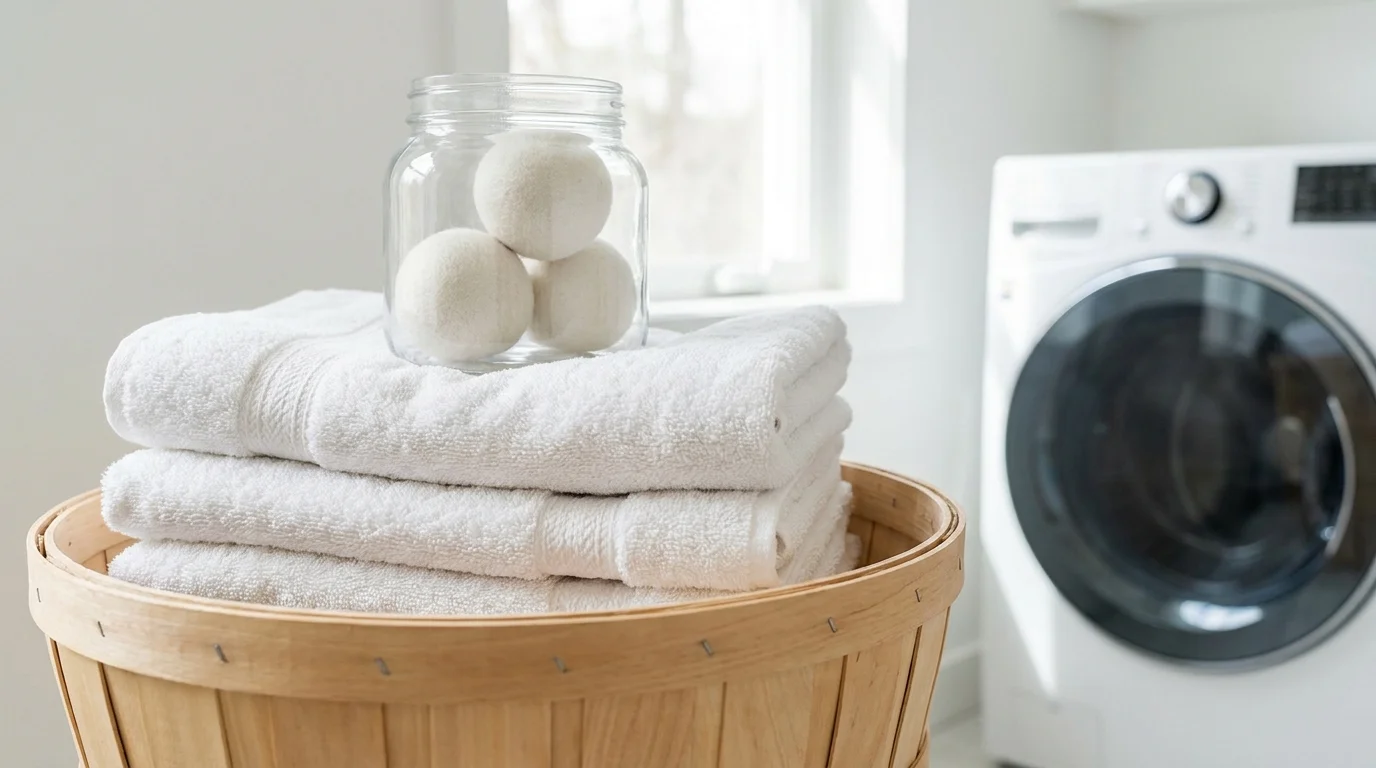 A basket of clean white towels with wool dryer balls resting on top.
