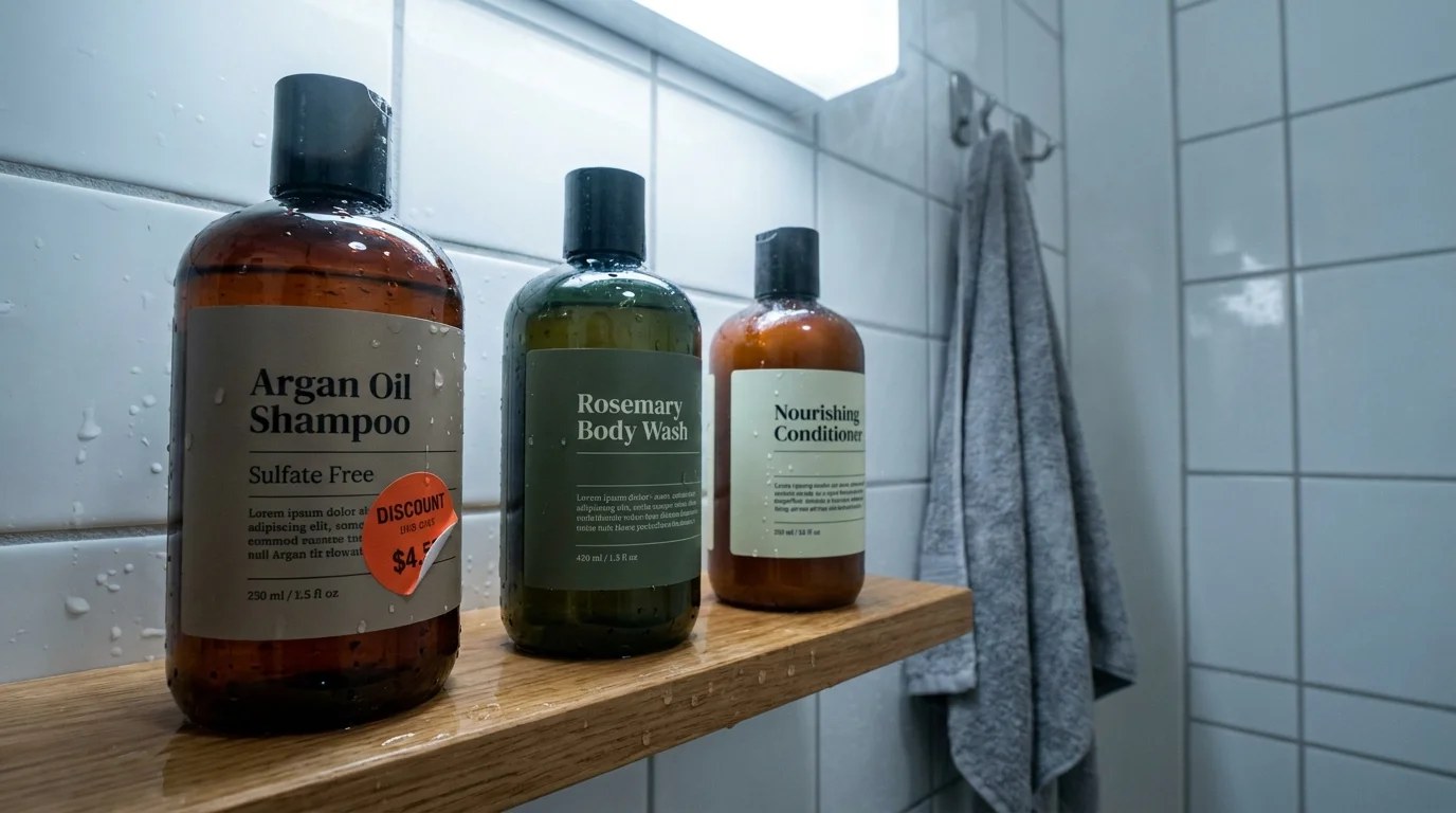 A bathroom shelf featuring premium shampoo bottles with discount price stickers in a realistic home setting.