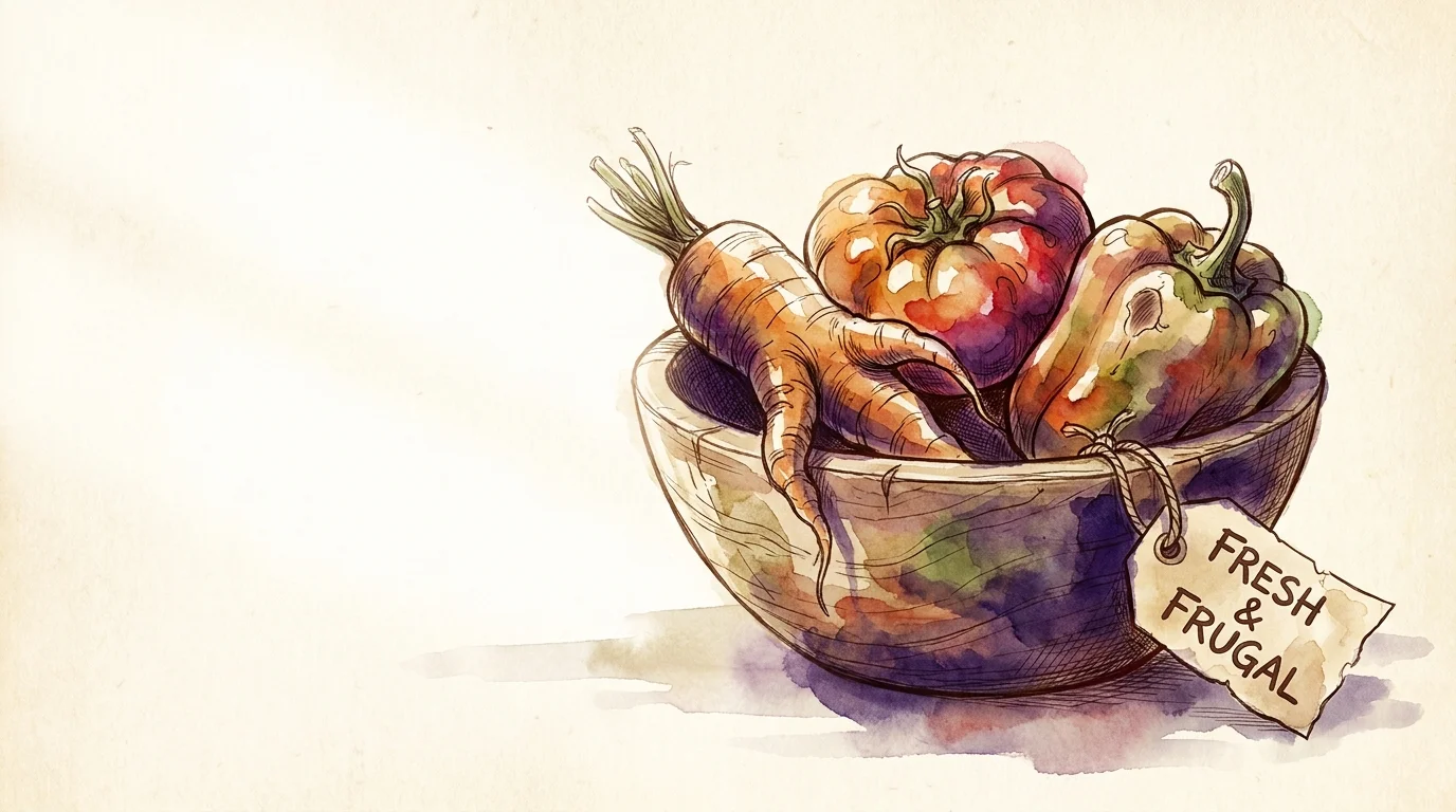 A beautiful watercolor painting of oddly shaped vegetables like a two-legged carrot and a lumpy tomato.