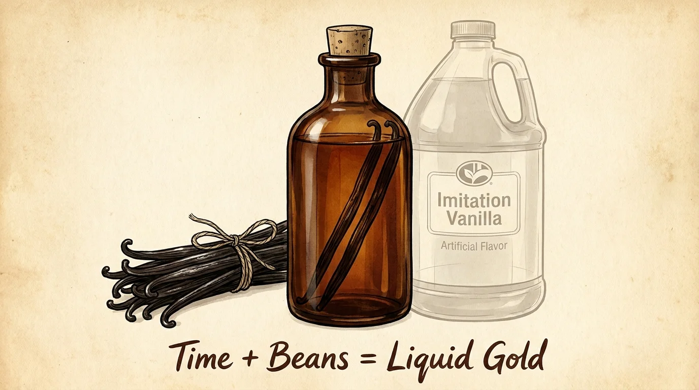A botanical-style drawing of an amber bottle containing vanilla beans, labeled as liquid gold.
