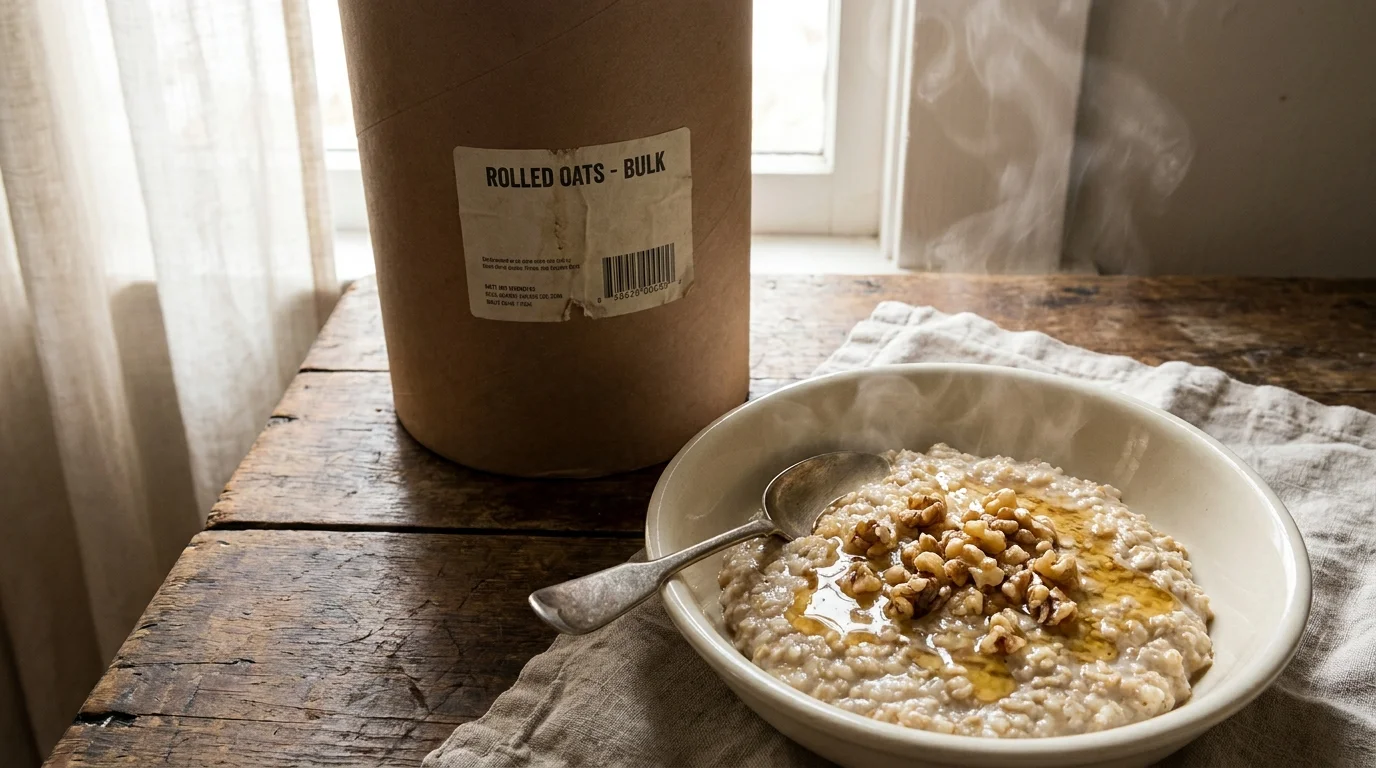 A bowl of cooked oatmeal with nuts and honey next to a large bulk container of rolled oats.