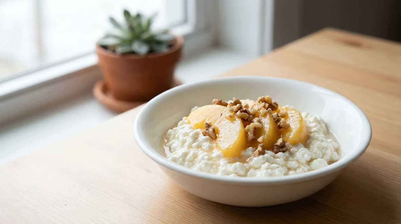 A bowl of cottage cheese topped with peaches and walnuts, representing a high-calcium, budget-friendly meal for seniors.