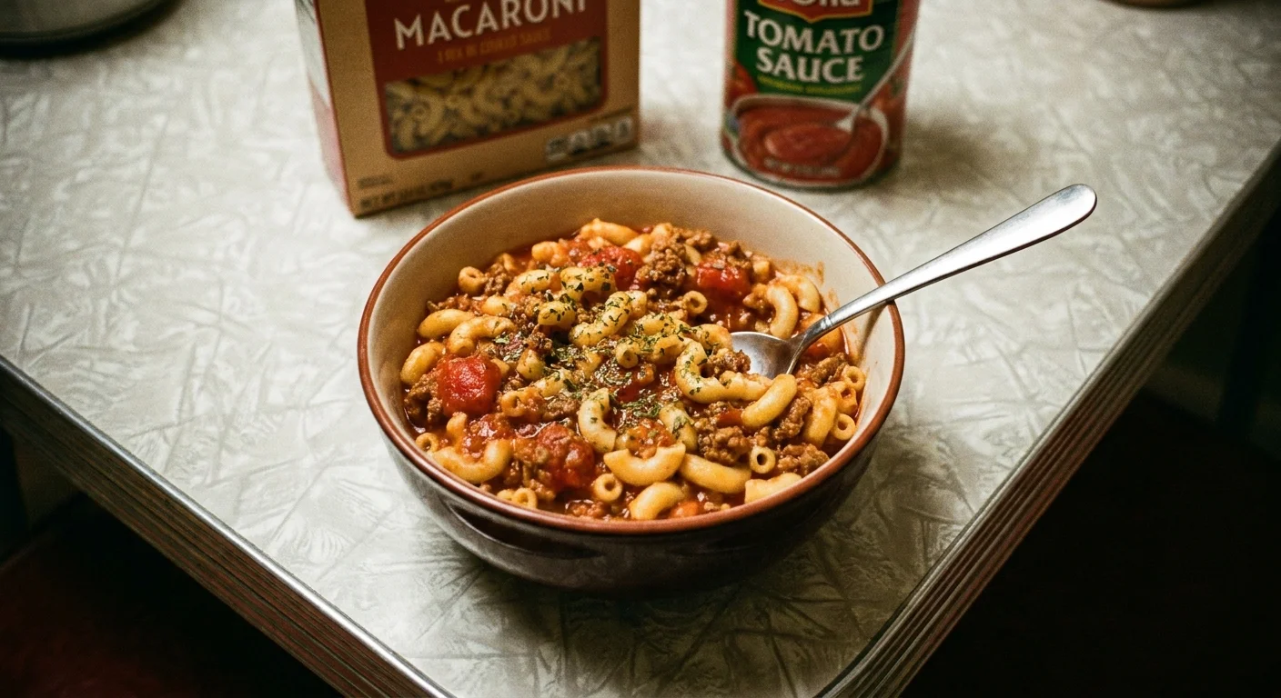 A bowl of macaroni and beef goulash on a vintage-style table, reflecting a simple and affordable dinner.