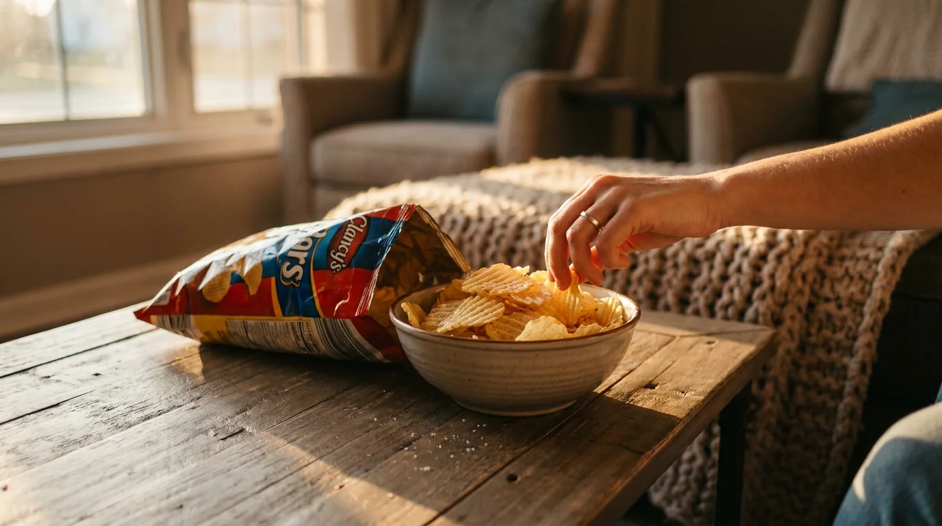 A bowl of potato chips on a wooden table during a sunny afternoon, showing a relaxed snacking moment at home.