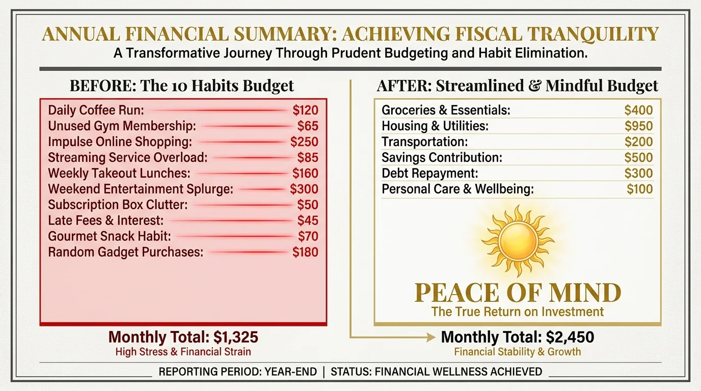 A budget ledger infographic showing a reduction in expenses and an increase in 'Peace of Mind'.