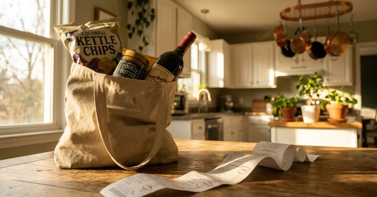 A canvas grocery bag with various snacks and a long receipt on a wooden table in a sunlit kitchen.