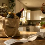 A canvas grocery bag with various snacks and a long receipt on a wooden table in a sunlit kitchen.