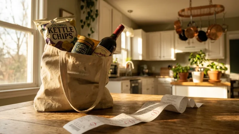 A canvas grocery bag with various snacks and a long receipt on a wooden table in a sunlit kitchen.