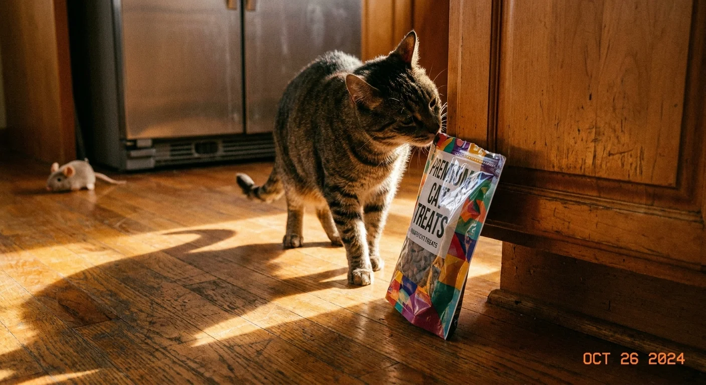 A cat sniffing a bag of premium treats on a hardwood kitchen floor.