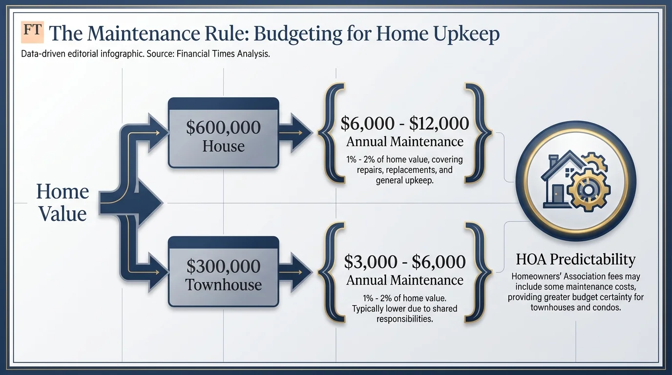 A chart showing how a $300,000 townhouse halves the annual maintenance budget compared to a $600,000 house.