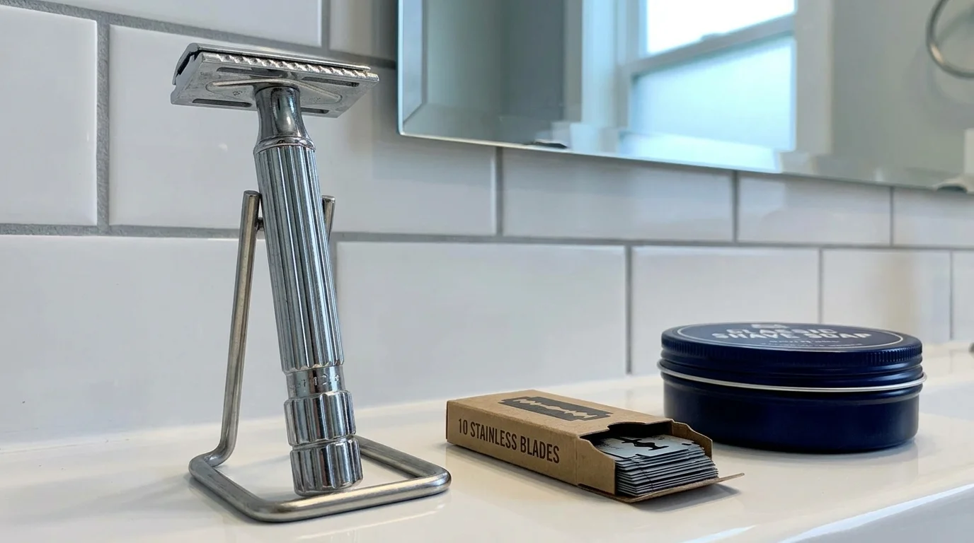 A chrome safety razor and a box of inexpensive replacement blades on a bathroom counter.