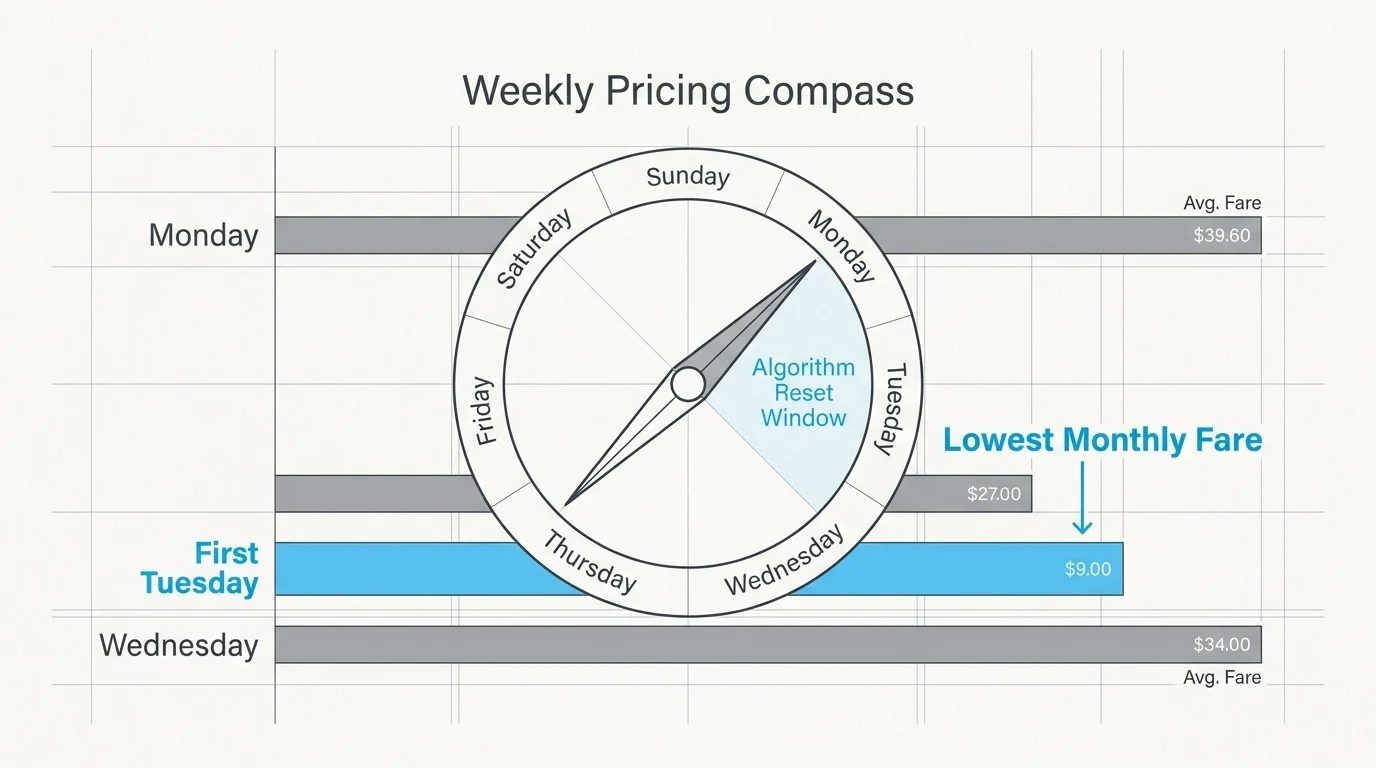A circular diagram showing Tuesday as the 'Algorithm Reset Window' with the lowest monthly airfare compared to other days.