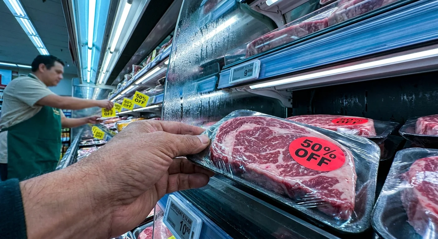 A close-up, candid photo of a hand grabbing a package of meat with a 50% off clearance sticker in a grocery store.