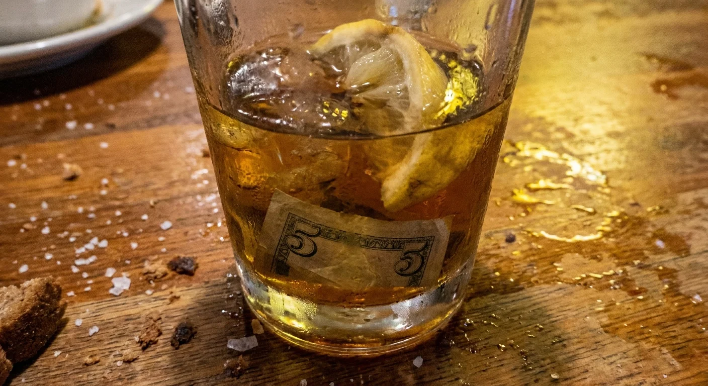 A close-up of a five-dollar bill submerged in a glass of leftover soda and ice.
