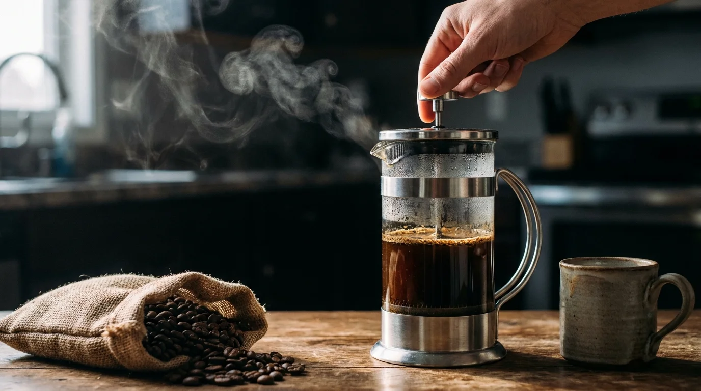 A close-up of a French press being plunged on a wooden table with steam rising.