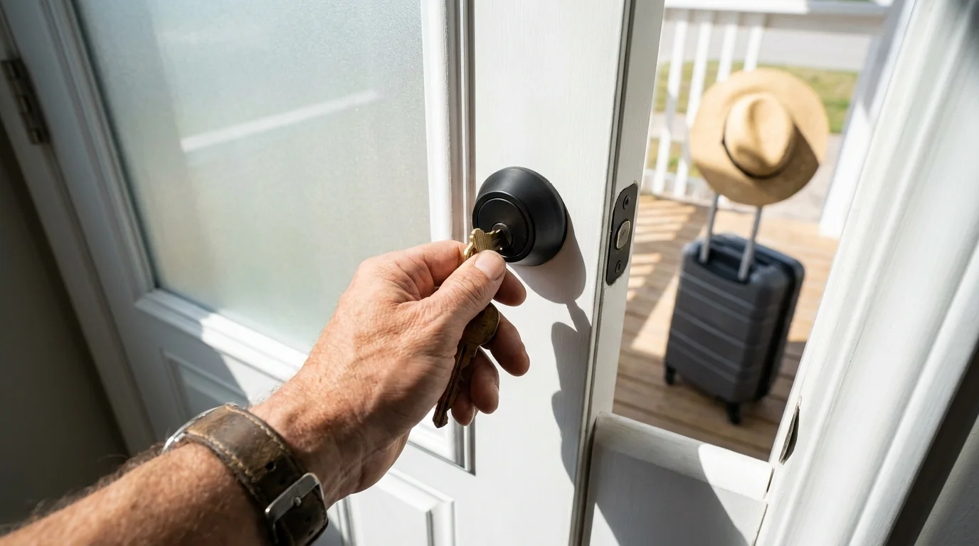 A close-up of a hand locking a front door with a suitcase visible in the background, representing a lock-and-leave lifestyle.