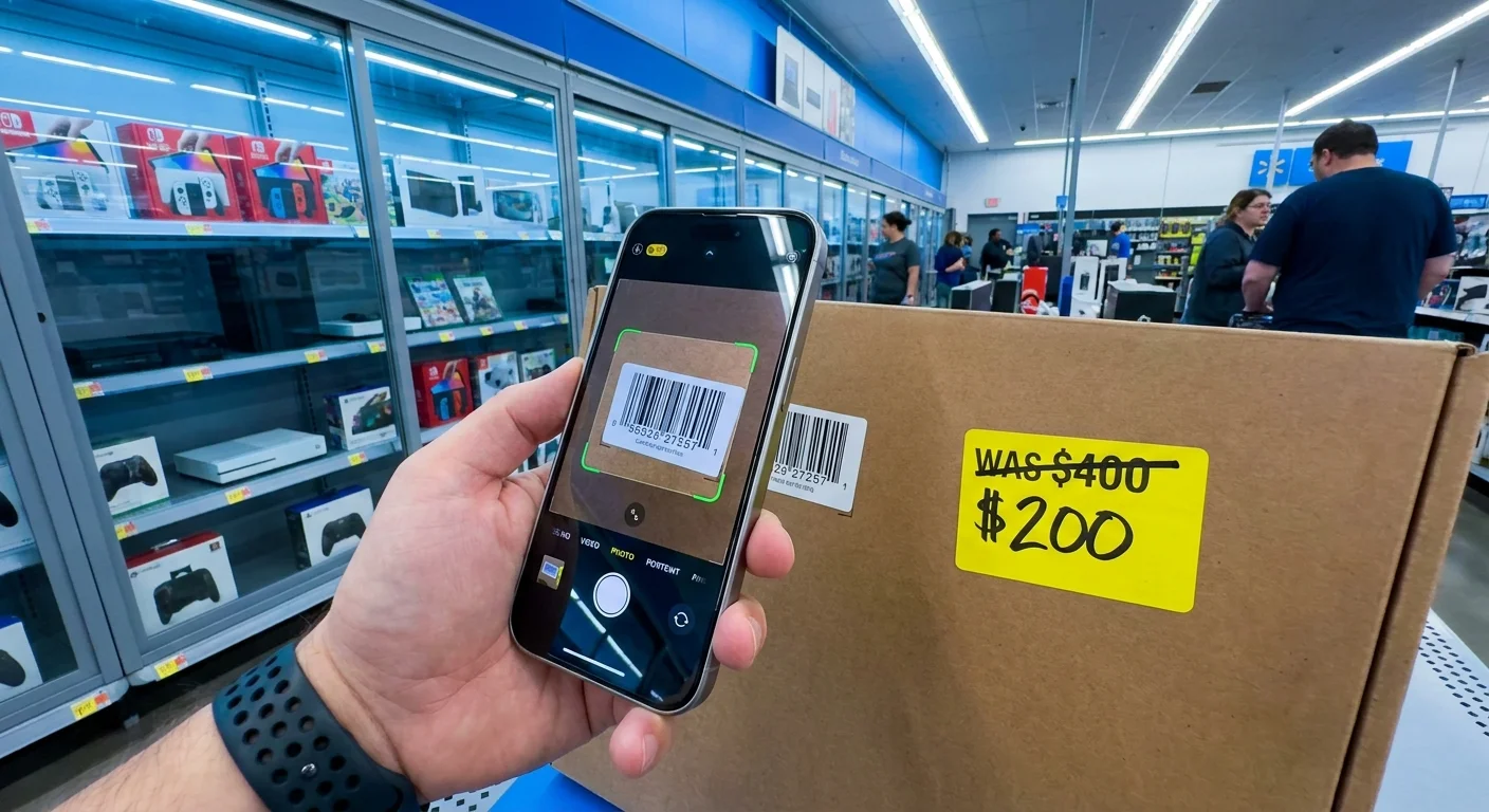 A close-up of a hand scanning a $200 clearance tag on a laptop box with a smartphone app in an electronics aisle.