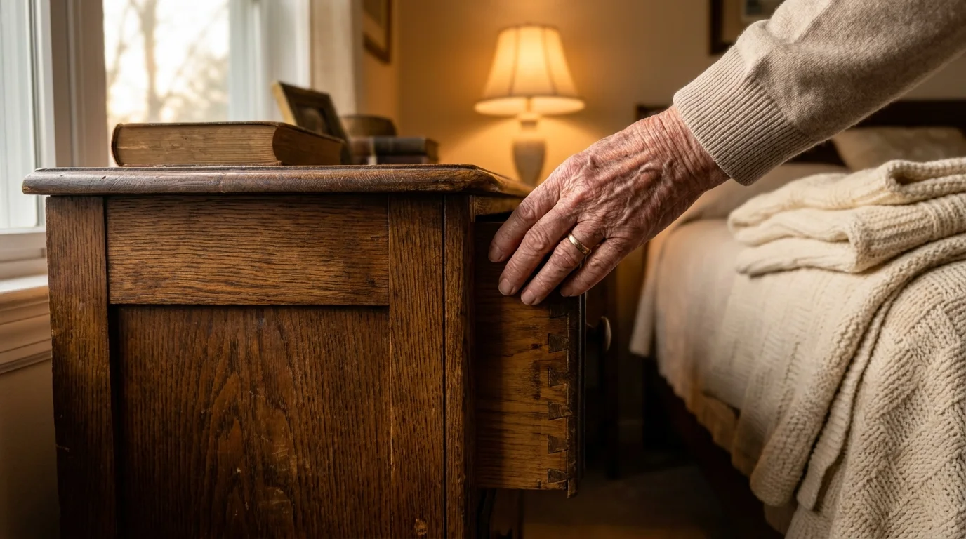 A close-up of a hand touching the grain of a high-quality solid wood dresser with dovetail joints.