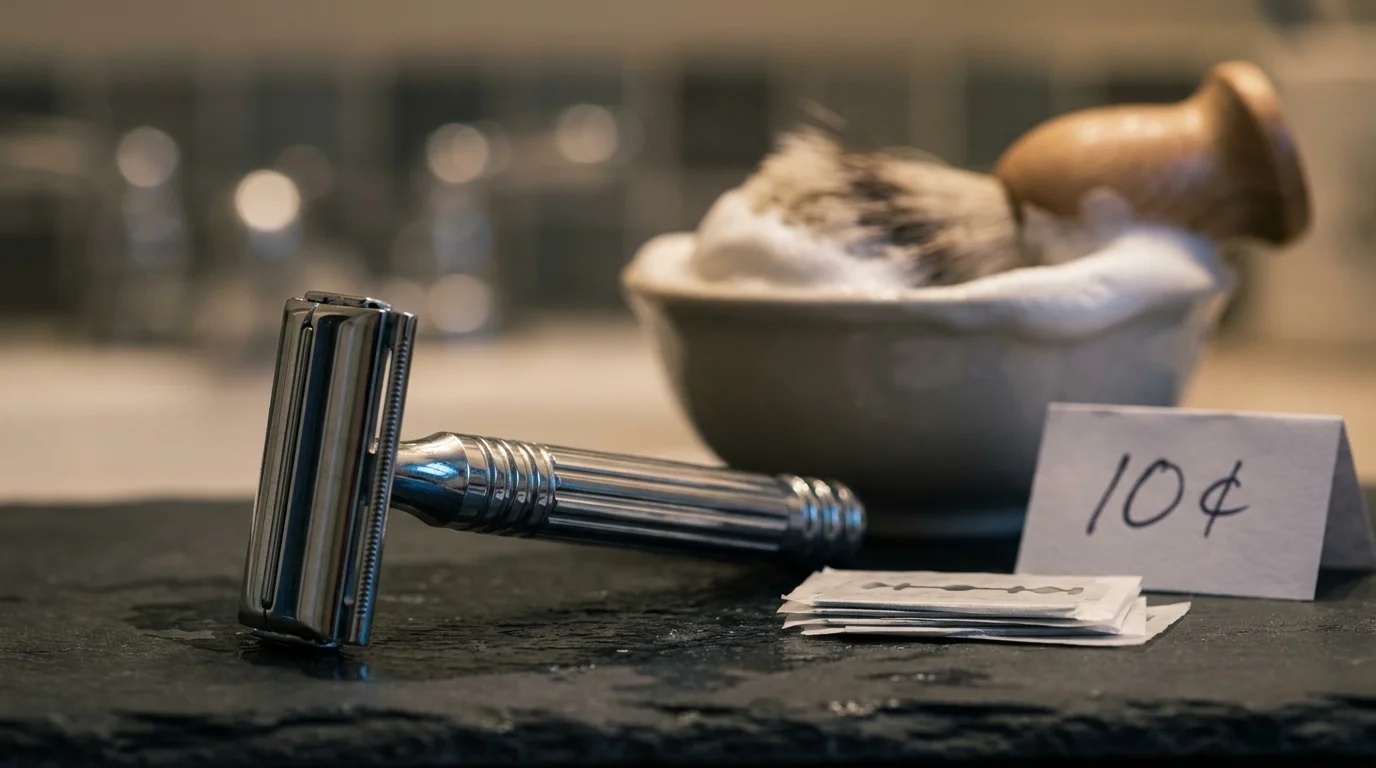 A close-up of a high-quality metal safety razor and a stack of inexpensive replacement blades on a slate counter.