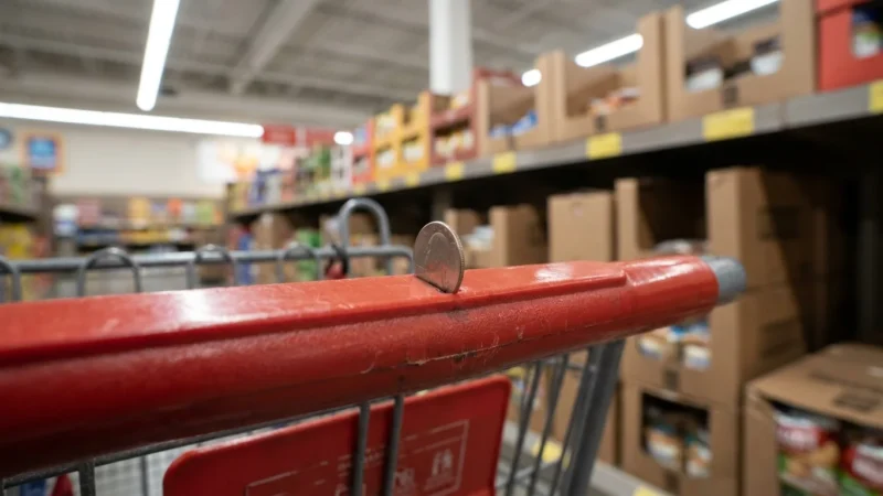 A close-up of a quarter being inserted into an Aldi shopping cart handle in a grocery store aisle.