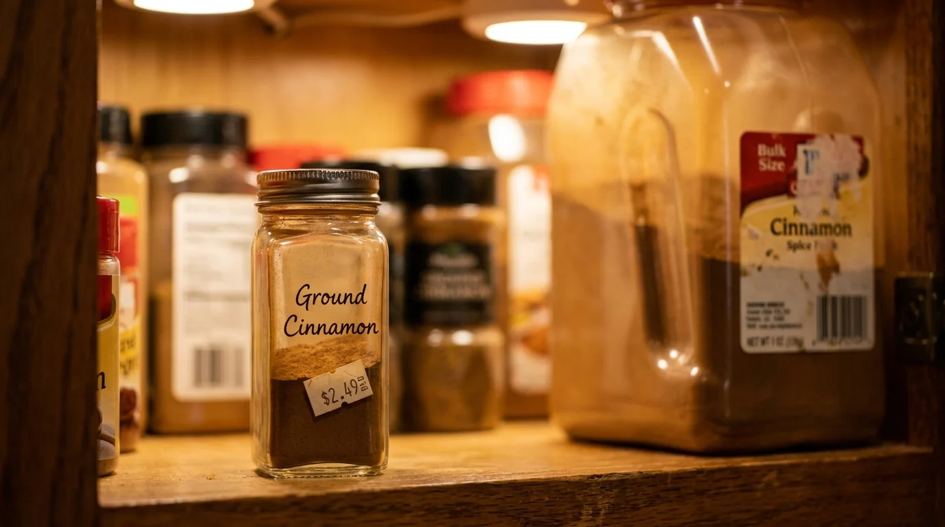 A close-up of a small, expensive spice jar in a home spice rack with a bulk container in the background.
