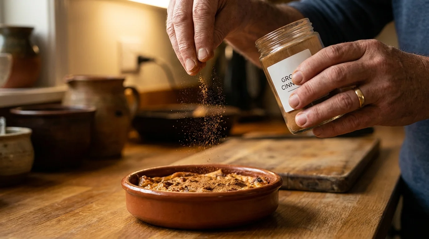 A close-up of generic ground cinnamon being sprinkled over food.