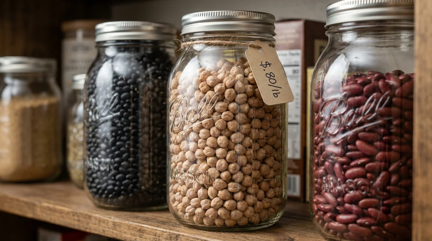 A close-up of glass jars filled with dried beans, labeled with a low price per pound.