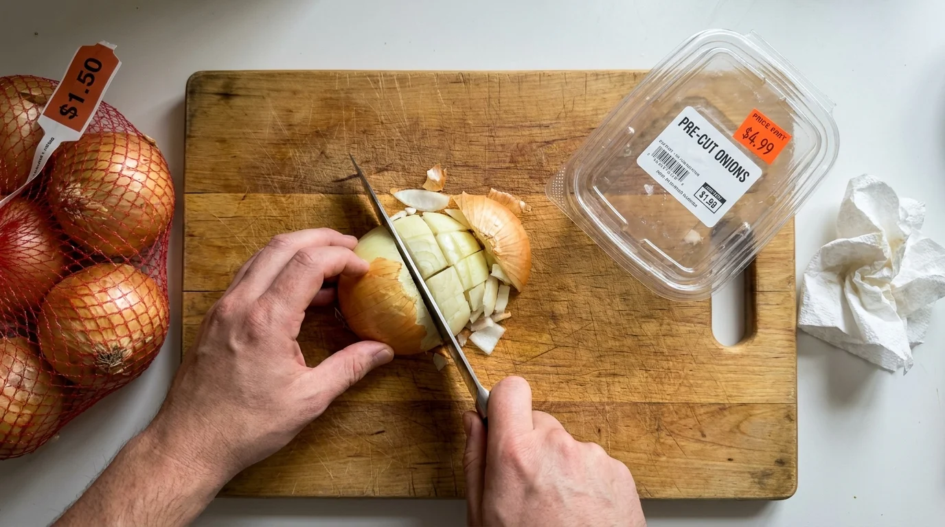 A close-up of hands chopping a whole onion next to an expensive, empty container of pre-cut onions.