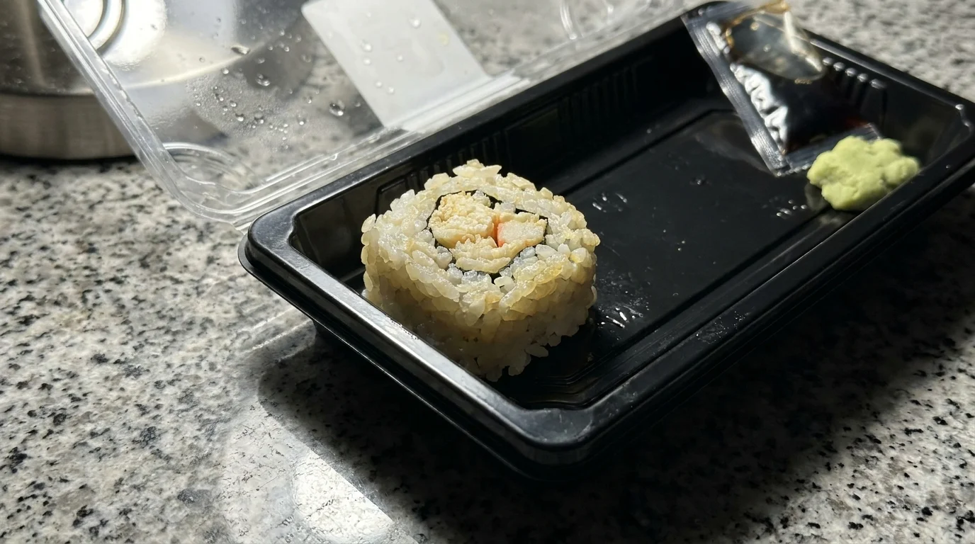 A close-up of pre-packaged sushi in a plastic tray, showing dry rice and a generic soy sauce packet.