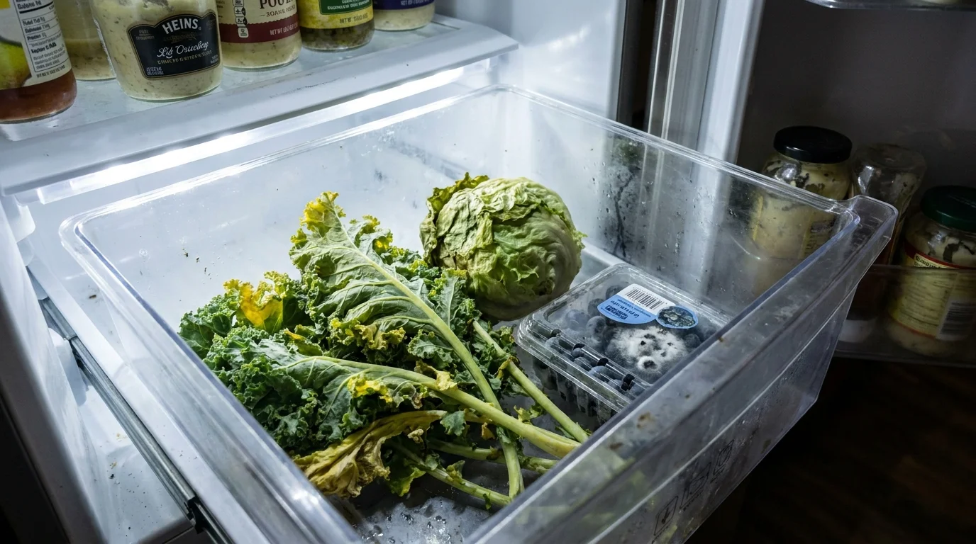 A close-up of wilted vegetables and moldy berries inside a refrigerator drawer.