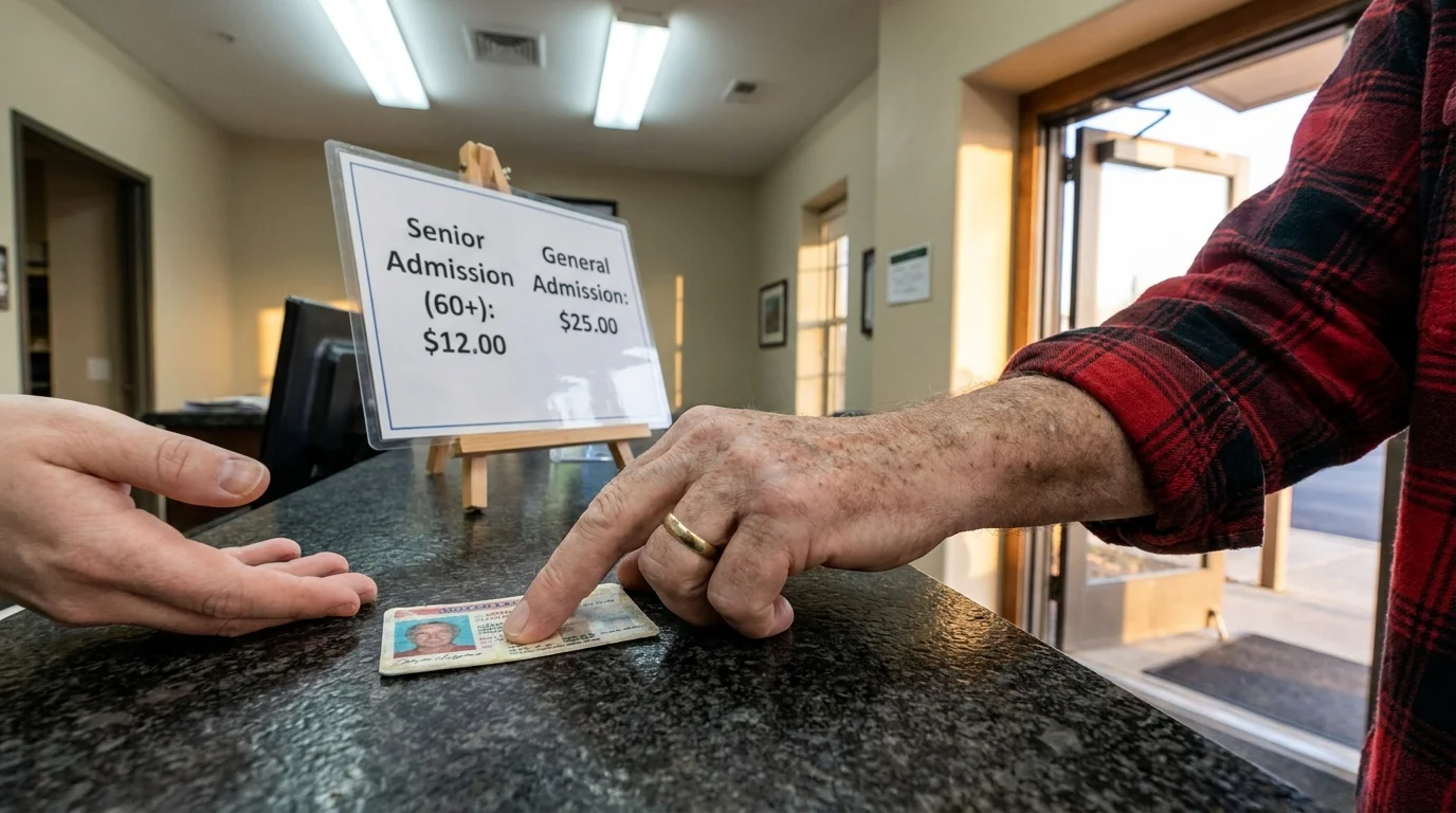 A close-up photo of a senior showing their ID at a ticket counter to receive an age-based discount.