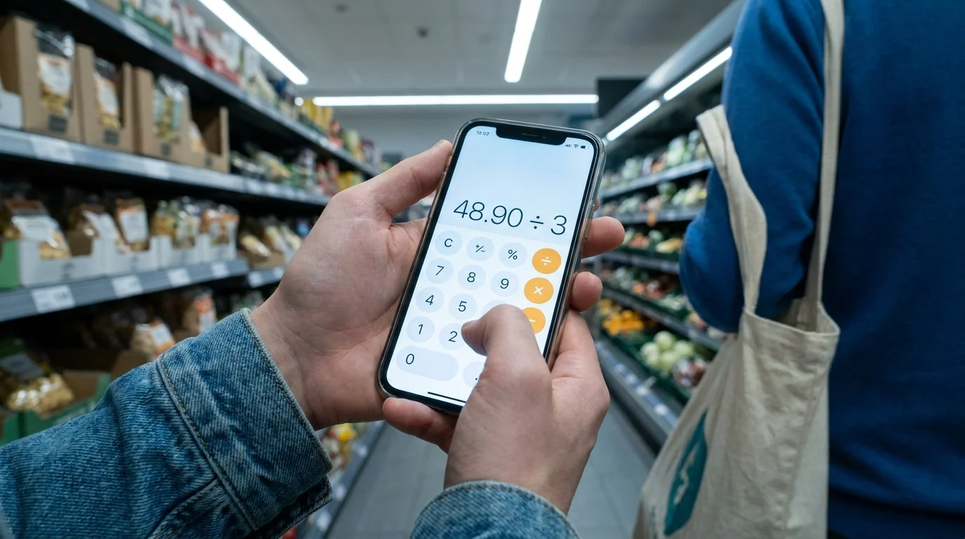 A close-up photo of a shopper using a calculator app on their phone while standing in a grocery aisle.