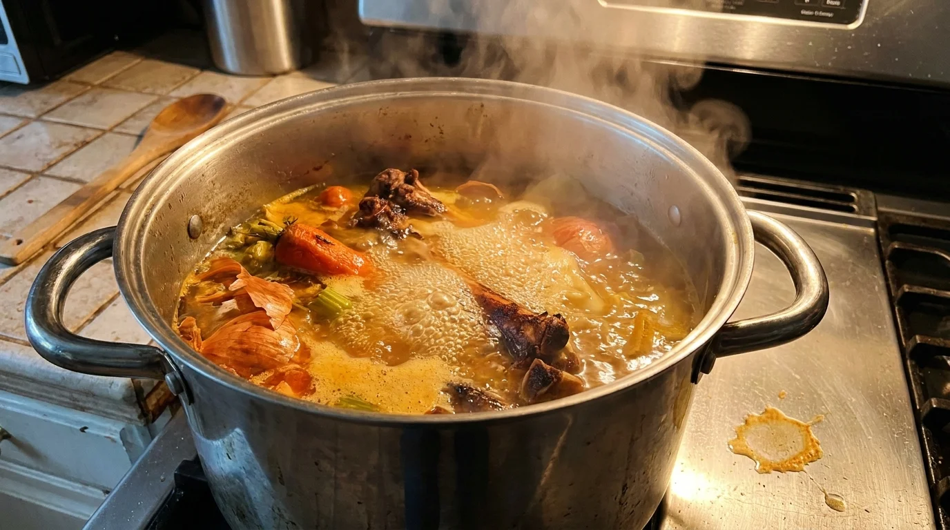 A close-up photo of a simmering stockpot on a stove filled with vegetable scraps and bones for broth.