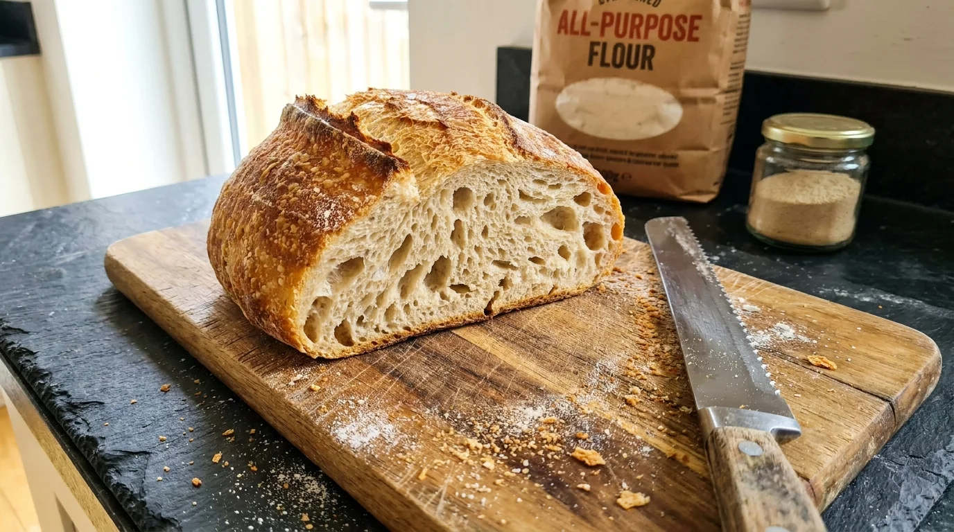 A close-up photo of a sliced loaf of homemade bread on a wooden board with a bag of flour in the background.