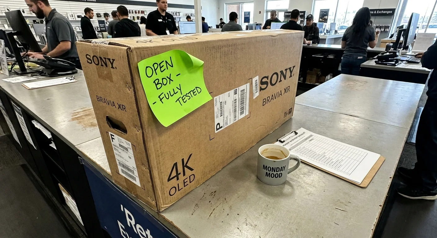 A close-up photo of an electronic box with a neon green 'Open Box' sticker sitting on a store counter.
