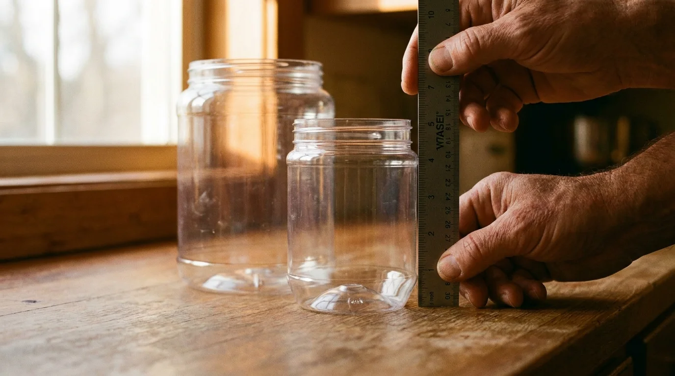 A close-up photo of two jars side-by-side, with a ruler measuring the height difference caused by shrinkflation.