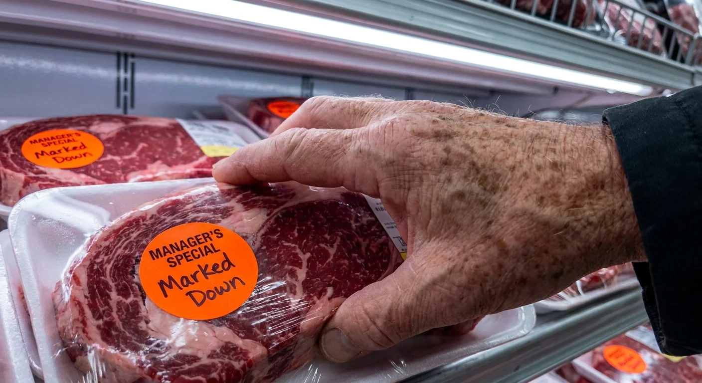 A close-up shot of a hand reaching for a package of steak with a bright orange 'Manager's Special' clearance sticker.
