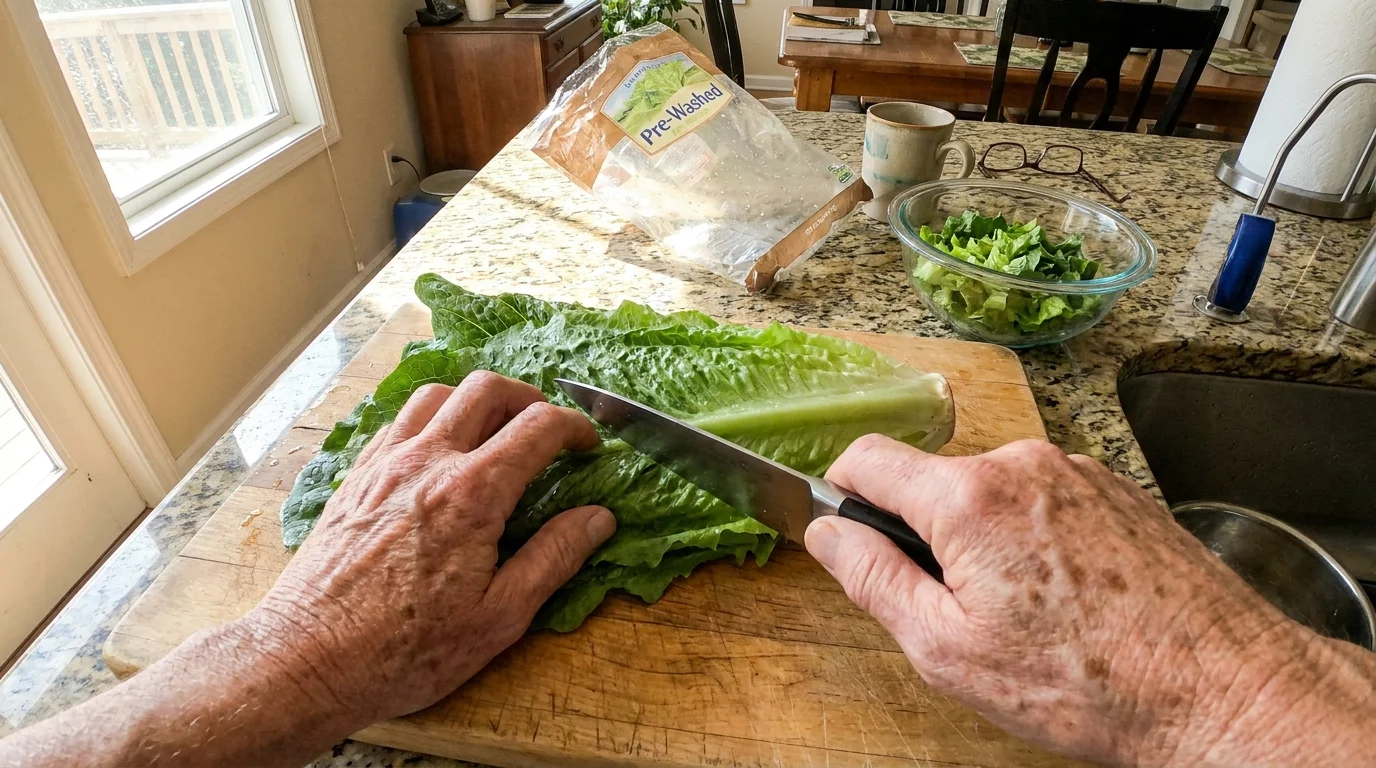 A close-up shot of a retiree's hands slicing fresh romaine lettuce on a wooden board next to an empty store-bought salad bag.