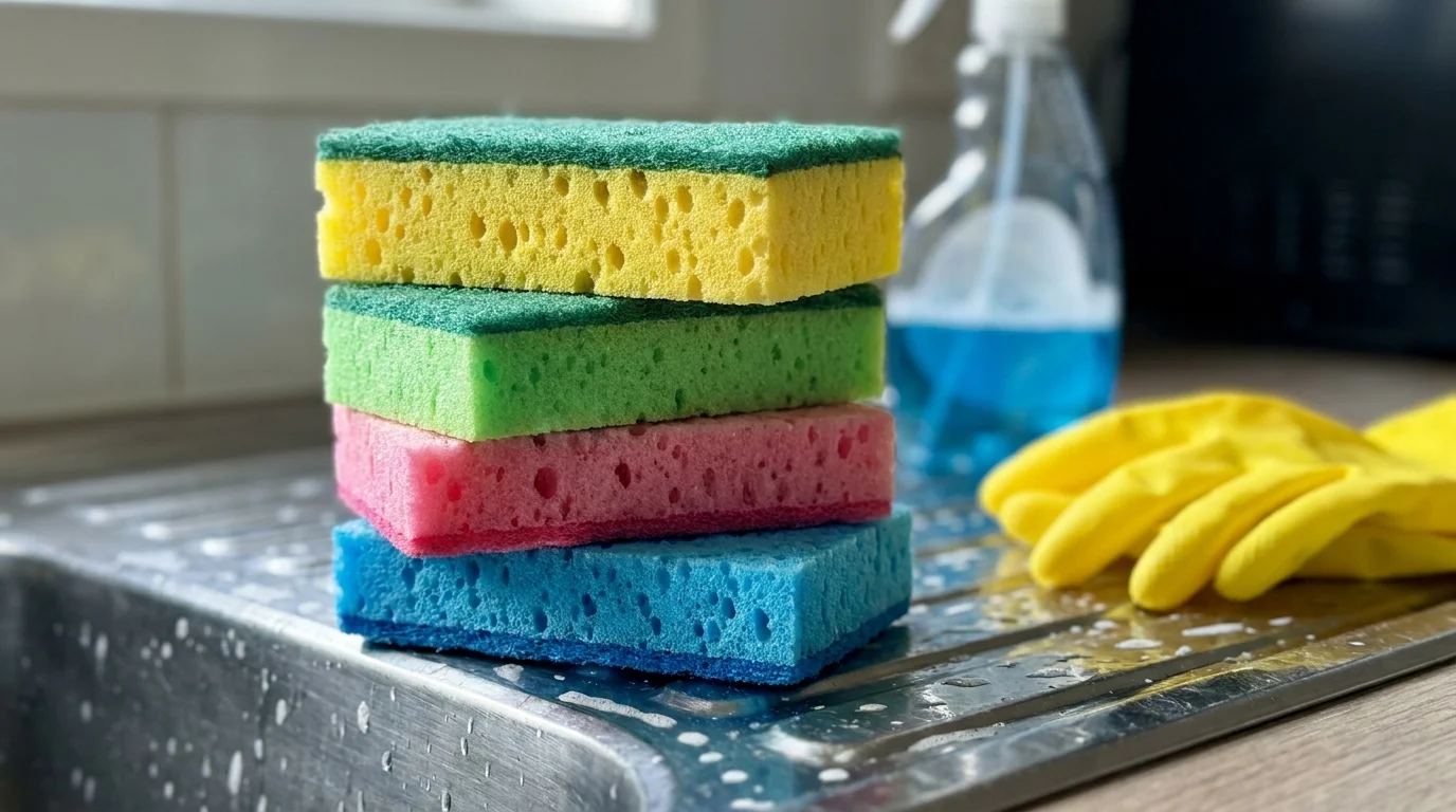A close-up shot of a stack of colorful cleaning sponges on the edge of a stainless steel kitchen sink.