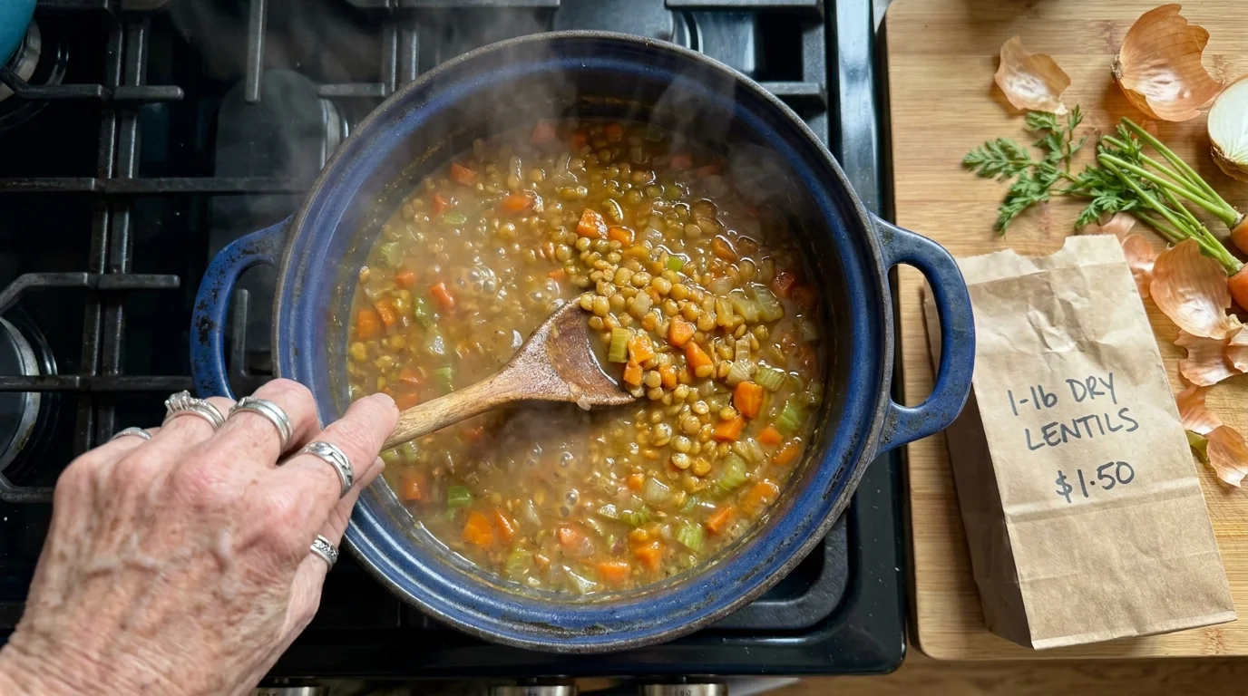 A close-up shot of a steaming lentil and vegetable stew being stirred in a ceramic pot, emphasizing low-cost, high-nutrition batch cooking.
