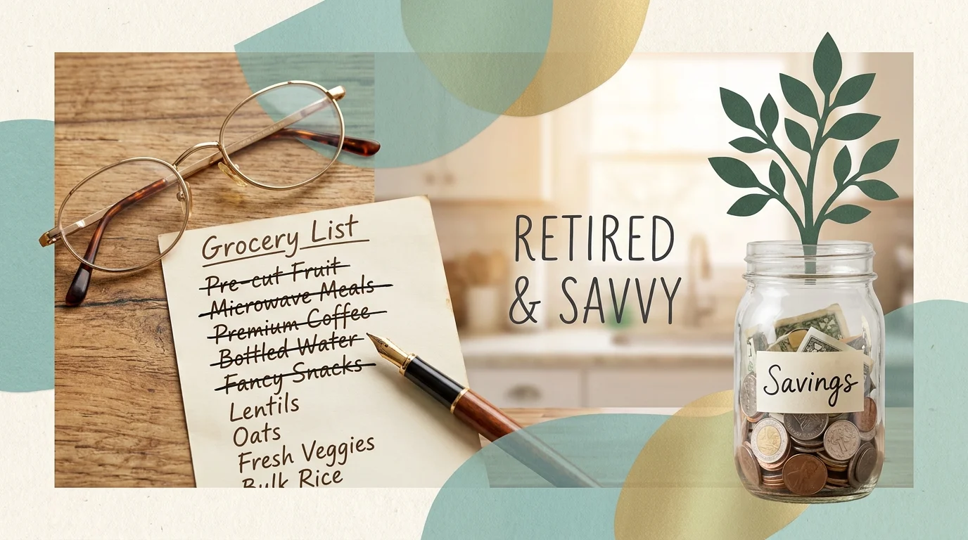 A collage showing a grocery list with items crossed out next to a savings jar with a growing plant.