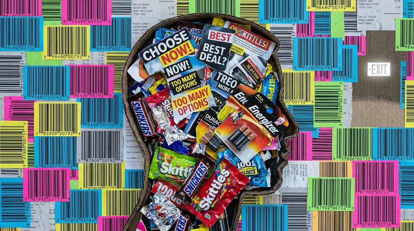 A collage showing a person's head filled with candy wrappers and headlines, representing checkout aisle decision fatigue.