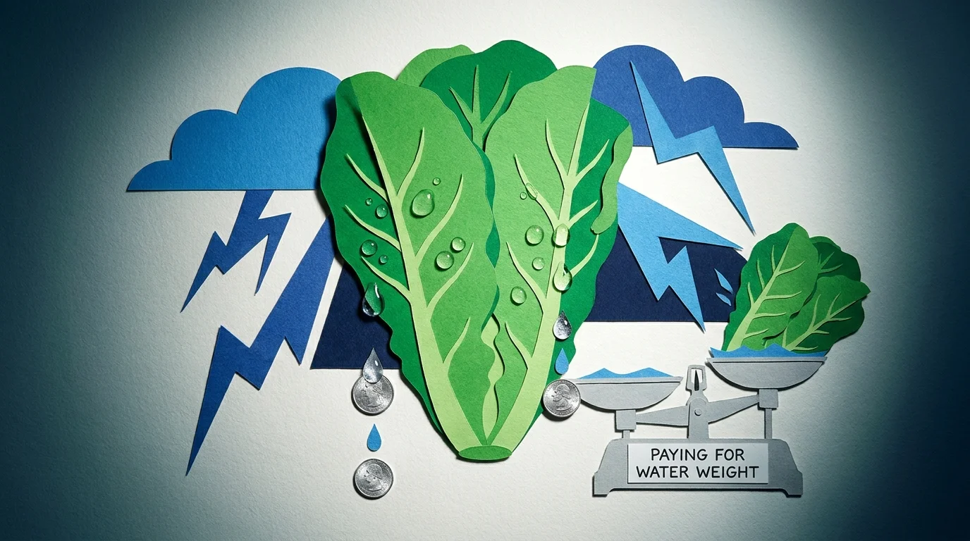 A collage showing water droplets on lettuce turning into coins, illustrating the cost of supermarket misting systems.