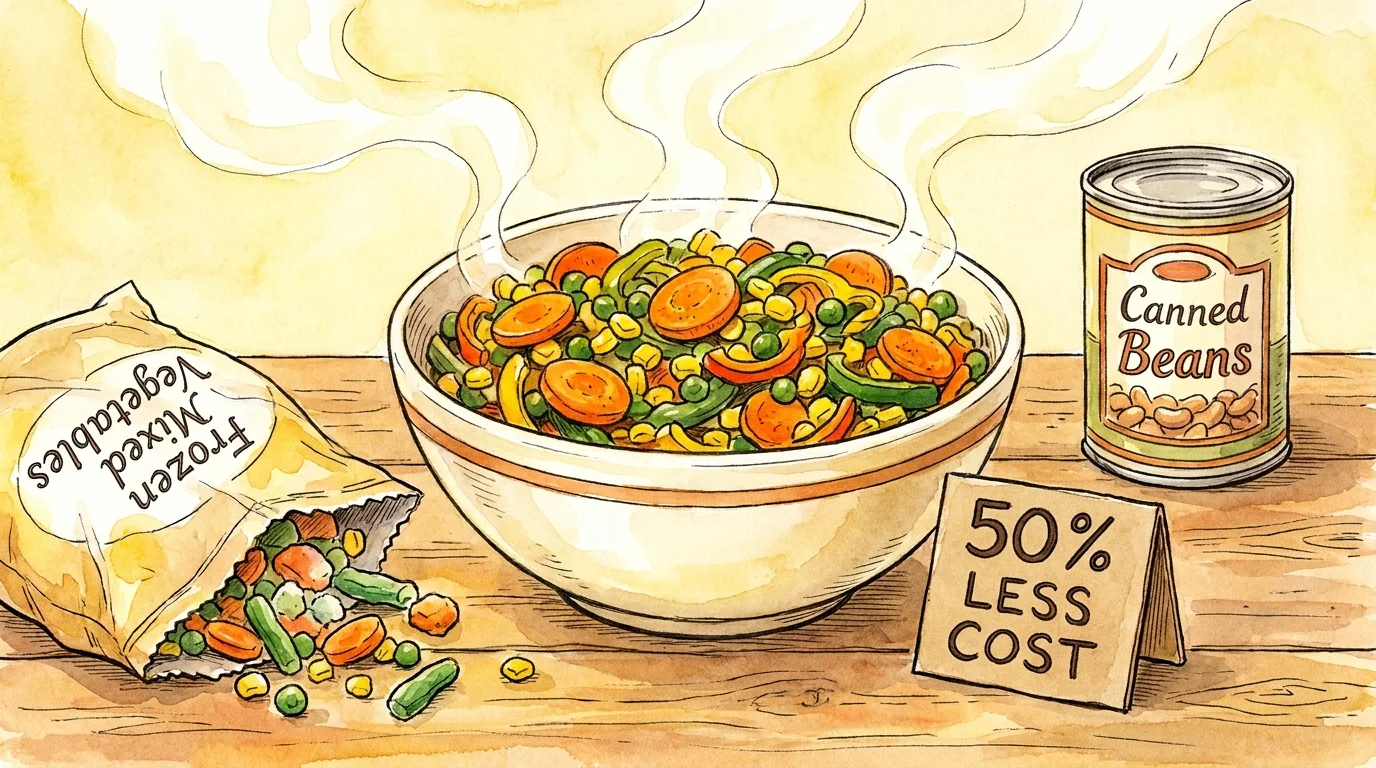 A colorful illustration of a delicious meal made from frozen and canned vegetables, labeled as 50% cheaper.