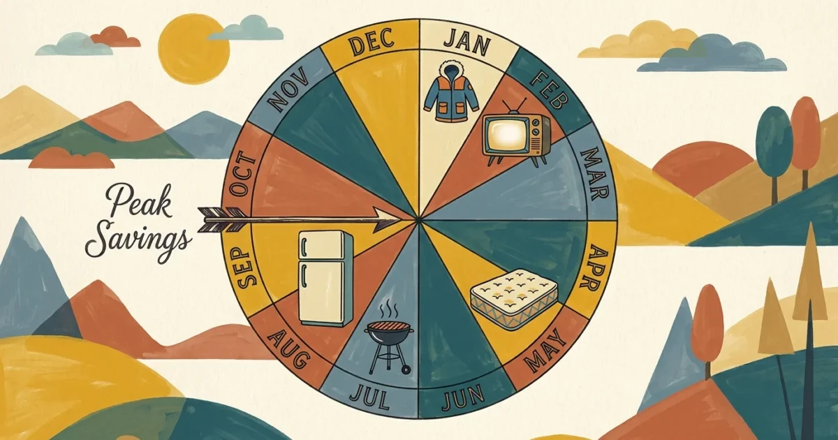 A colorful mid-century style illustration of a yearly calendar wheel showing the best months to buy specific household items for savings.